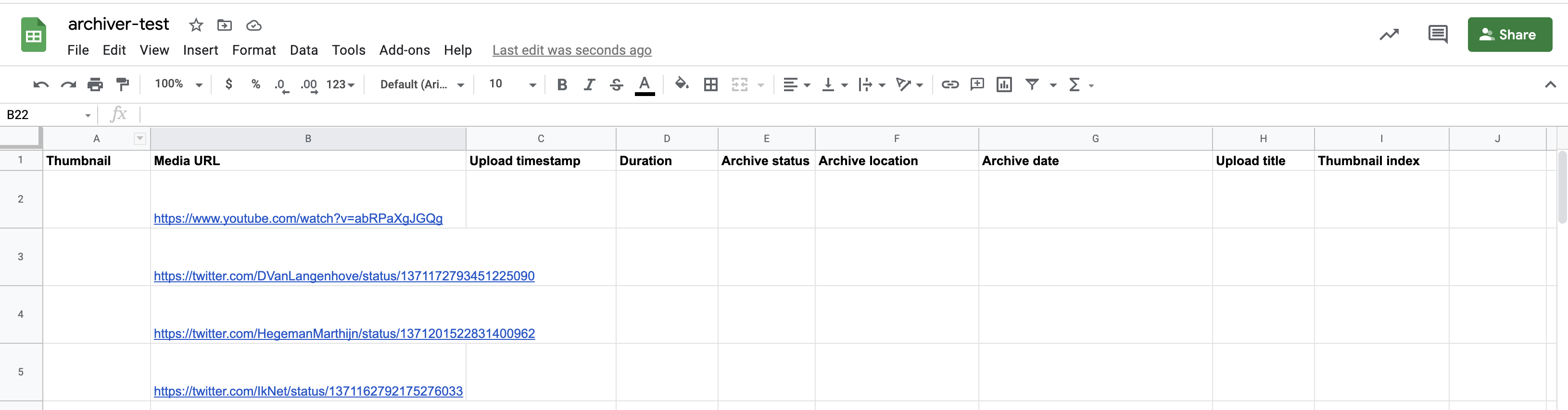 A screenshot of a Google Spreadsheet with column headers defined as above, and several Youtube and Twitter URLs in the 